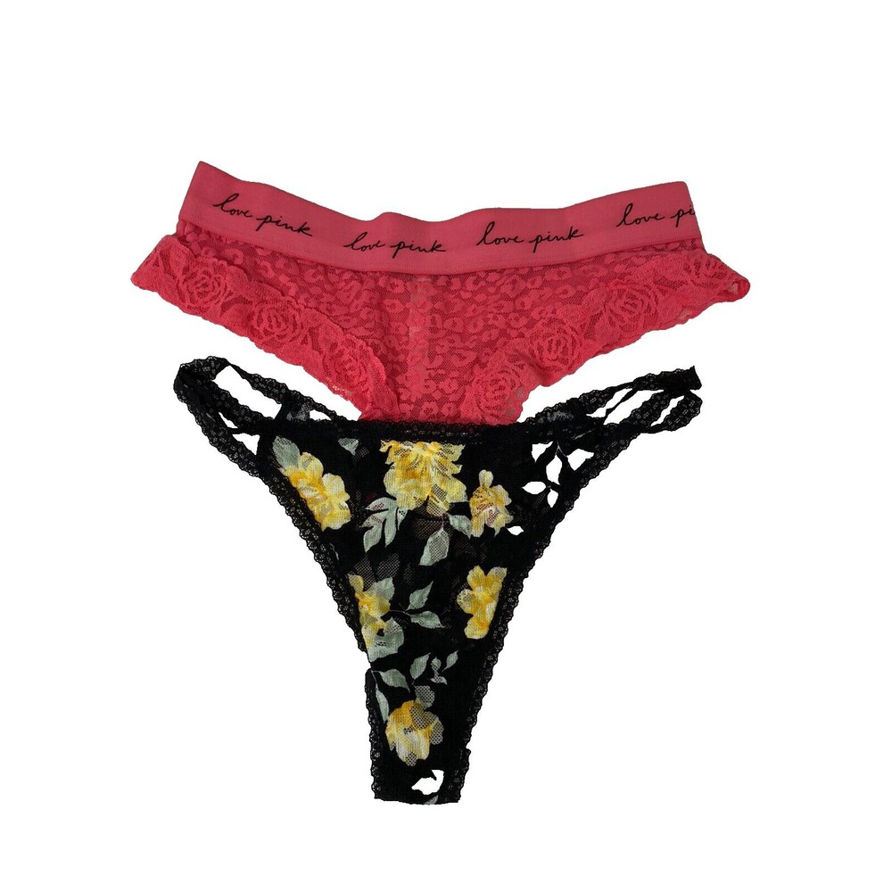 2 VS PINK Floral Lace Strappy Thong Panty Multicolor Floral Size S/M Black